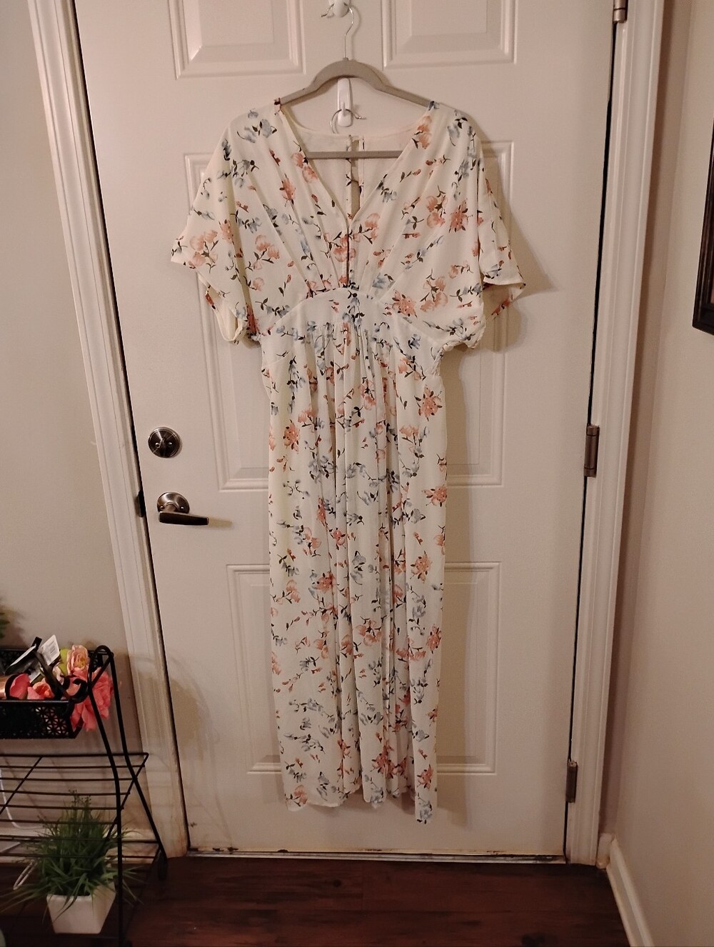 Floral V-Neck Cream Maxi Dress with Flutter Sleeves Open In The Back Flowy
